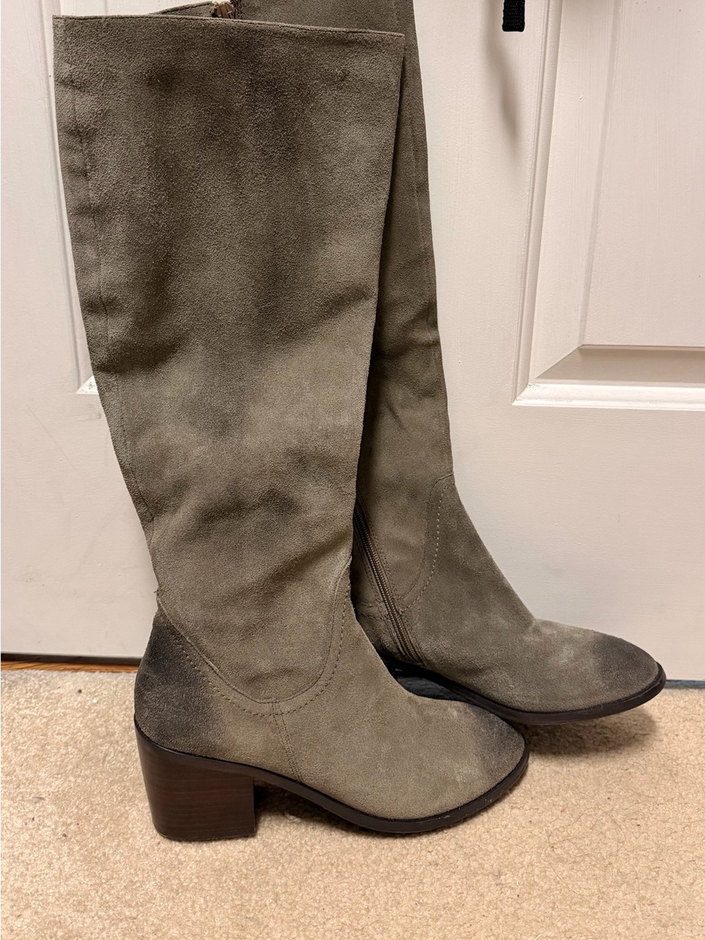 NWOT Kelsi Dagger Suede Mid-Calf Block Heel Boots w/ Distressed Toe - Gray